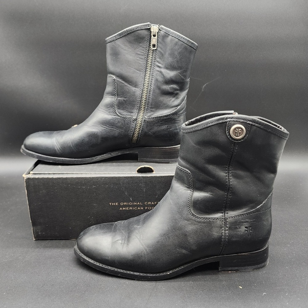 Frye 6.5 Black Leather Melissa Button Short Boots Western Moto Biker Ankle Zip
